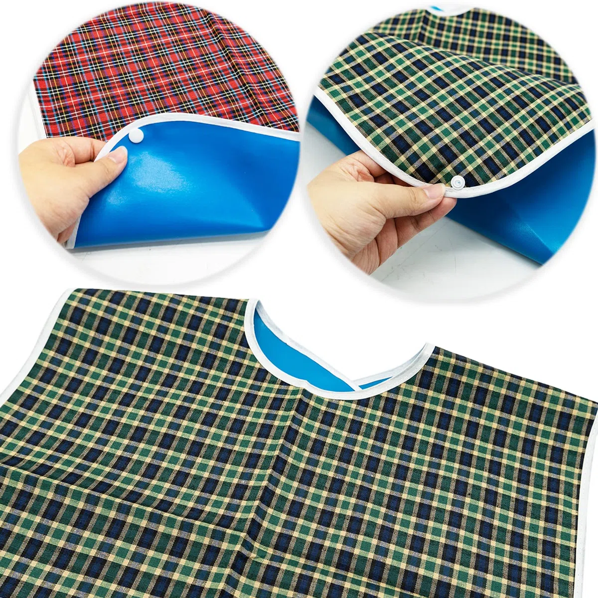 Bavaglini per adulti, lavabili per anziani, confezione da 3, rosso, verde, blu, Blu, L