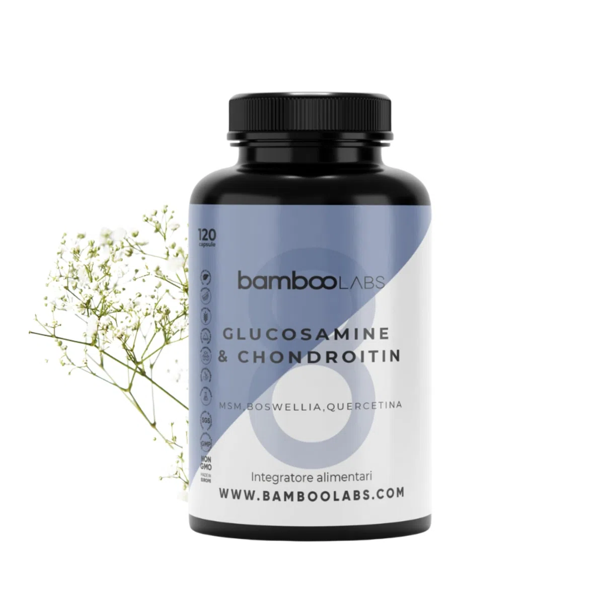 Bamboo Labs - Glucosamina, Condroitina, MSM, Boswellia, Acido Ialuronico e Quercetina, 120 Capsule Articolazioni e Cartilagine Integratori, Antiinfiammatorio Naturale per il Dolore alle Articolazioni