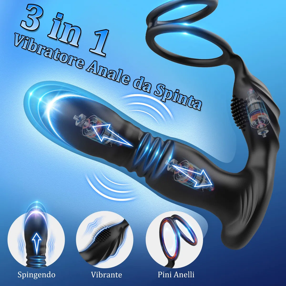 3 IN 1 Vibratore Anale con Anello per Pene, Giocattoli Sessuali Anali Maschili con 10 Modalità di Spinta e Vibrazione, Giocattoli Sessuali Impermeabili Silicone Vibratore per Uomo e Coppie