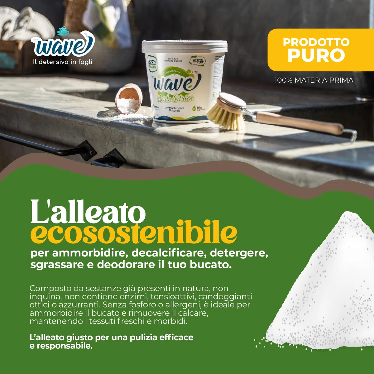 Wave Washing Acido Citrico - Ammorbidente Lavatrice & Decalcificante Macchina Caffè Naturale - Anticalcare e Brillantante Multiuso - 100% PLASTIC FREE - 1 kg - 75 lavaggi o 50 decalcificazioni