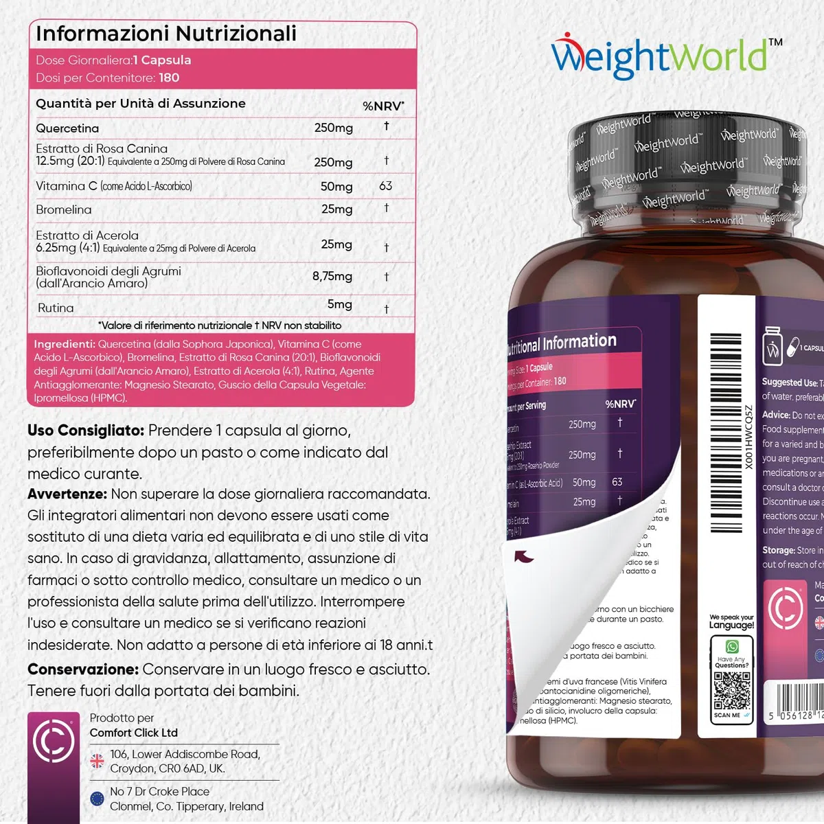 Quercetina 610mg, Quercetina Complex 180 Capsule Vegan (6 Mesi), Quercetina e Bromelina con Rosa Canina, Rutina, Bioflavonoidi - Vitamina C, Sistema Immunitario, Stress Ossidativo - Quercitina Complex