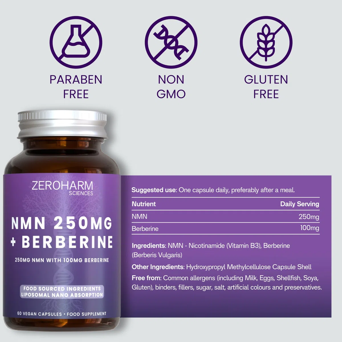 ZEROHARM NMN 250 mg con berberina – Assorbimento liposomiale – Alimentato da ingredienti alimentari veri – Confezione da 60 (confezione da 1)