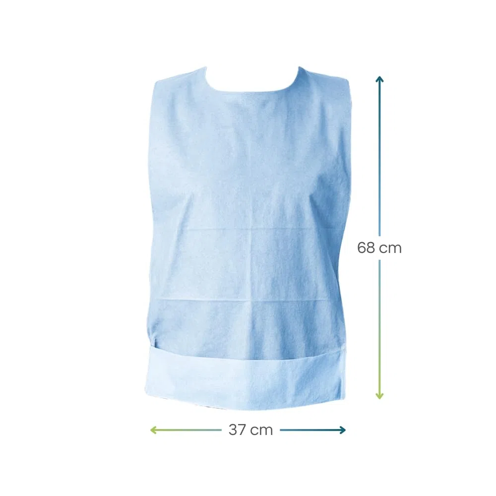 VIRSUS 300 Bavagli monouso impermeabili per Adulti e Anziani, misura 37x68 cm di colore azzurro, in polietilene e cellulosa con colletto anti-strappo rinforzato e tasca raccogli cibo
