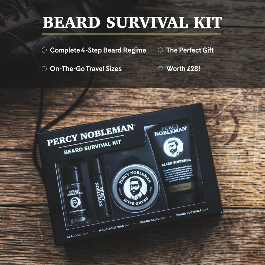 Percy Nobleman Kit per la Barba, un set per la cura della barba contenente un olio profumato per la barba, un balsamo per la barba, una cera per i baffi e un ammorbidente per la barba
