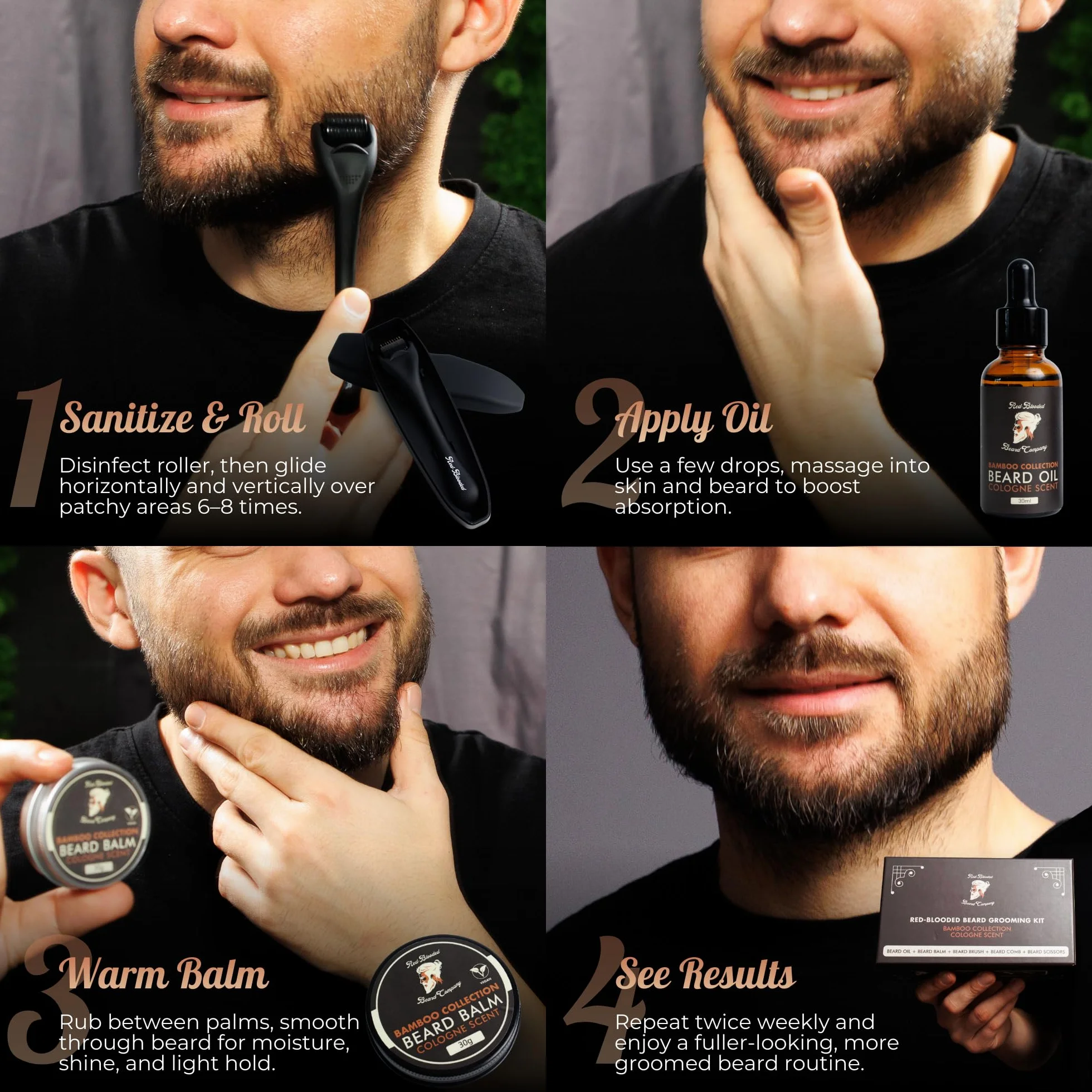 Red-Blooded Kit Crescita Barba Uomo - Beard Roller + Olio barba + Balsamo Barba | Stimolare La Crescita Della Barba | Kit Barba Uomo Professionale | Set Barba Uomo Regalo | Dermaroller Barba