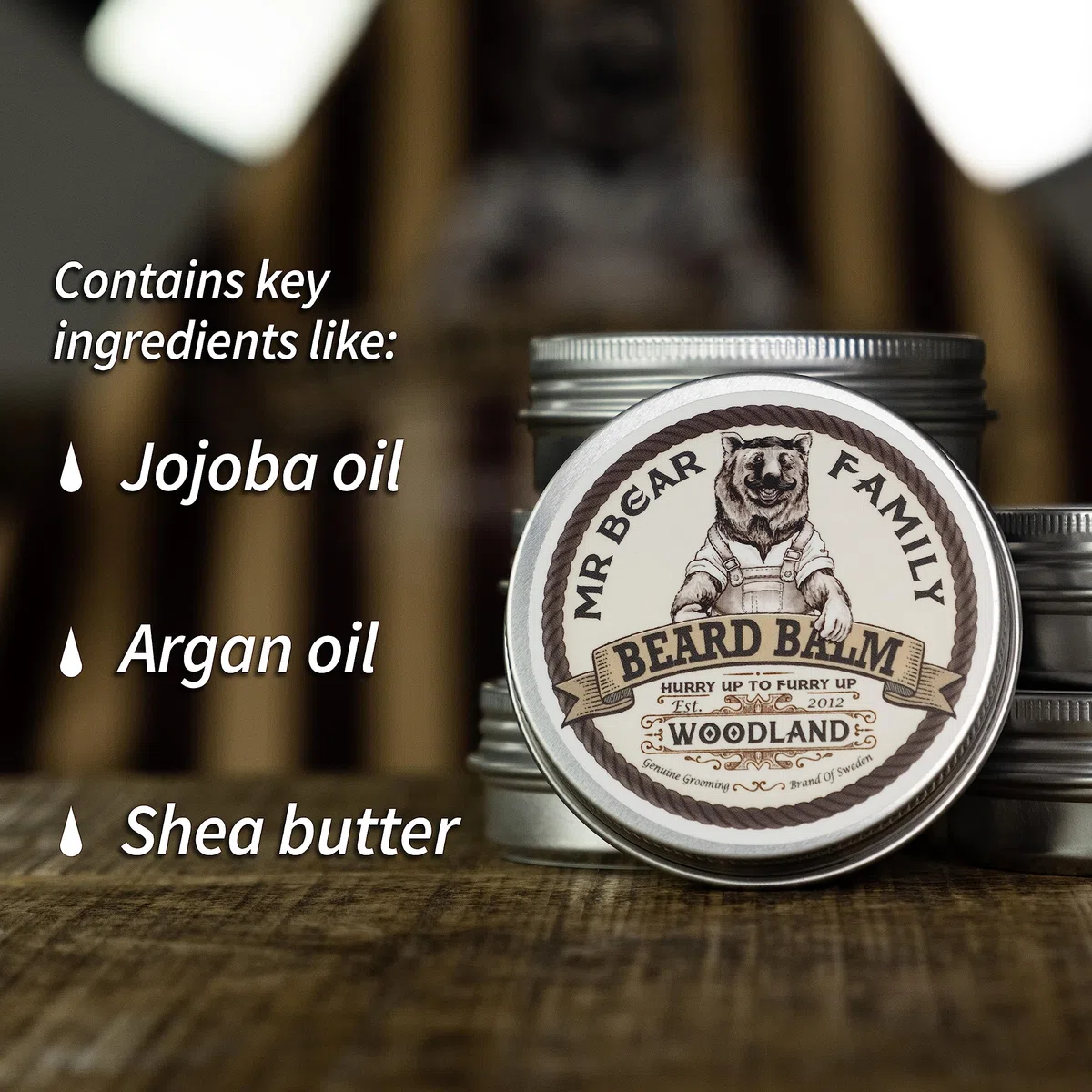 Mr Bear Family Balsamo barba uomo - Woodland- Balsamo per barba nutriente - Balsamo crescita barba con burro di karité, olio di jojoba e cera d'api - Cera per baffi Modellante - Beard Balm 60ml