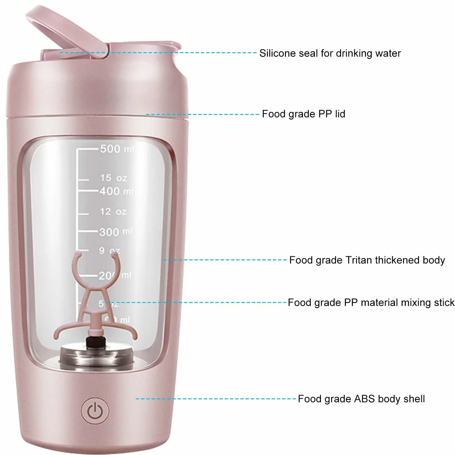 GOMETY Shaker elettrico, 650 ml, frullatore automatico di proteine, shaker elettrico con scomparto per polvere, shaker per frullati proteici, senza BPA, USB ricaricabile per frullati di proteine