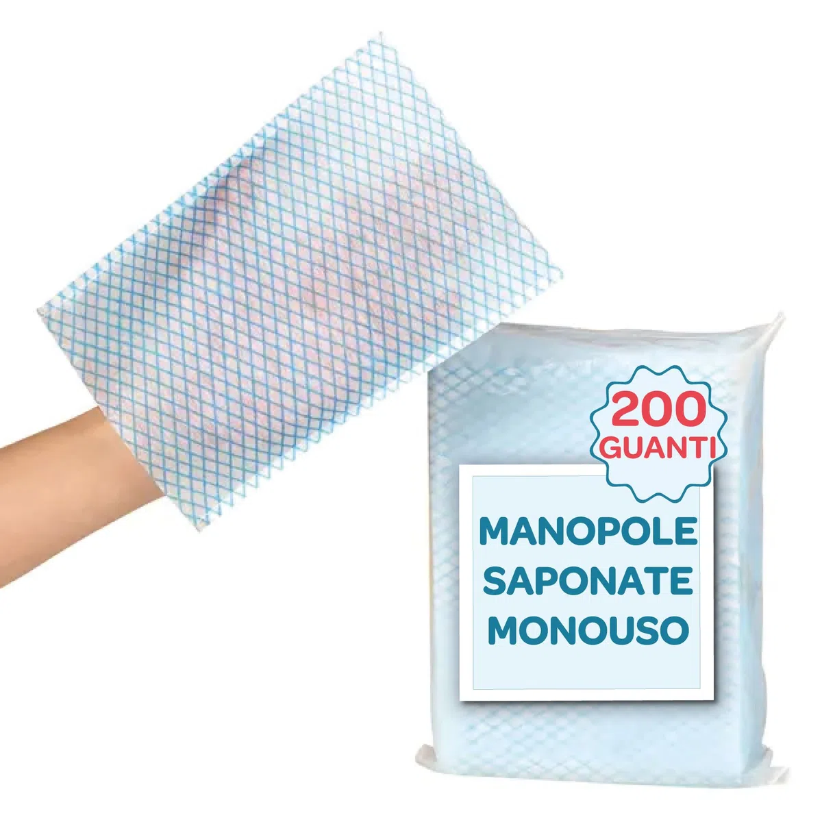 Sunny Day - 200x Manopole Saponate Monouso - Guanti Presaponati per Lavare Anziani - Pulizia, Lavaggio e Igiene per Allettati, Incontinenza, Post Operazione e Camping
