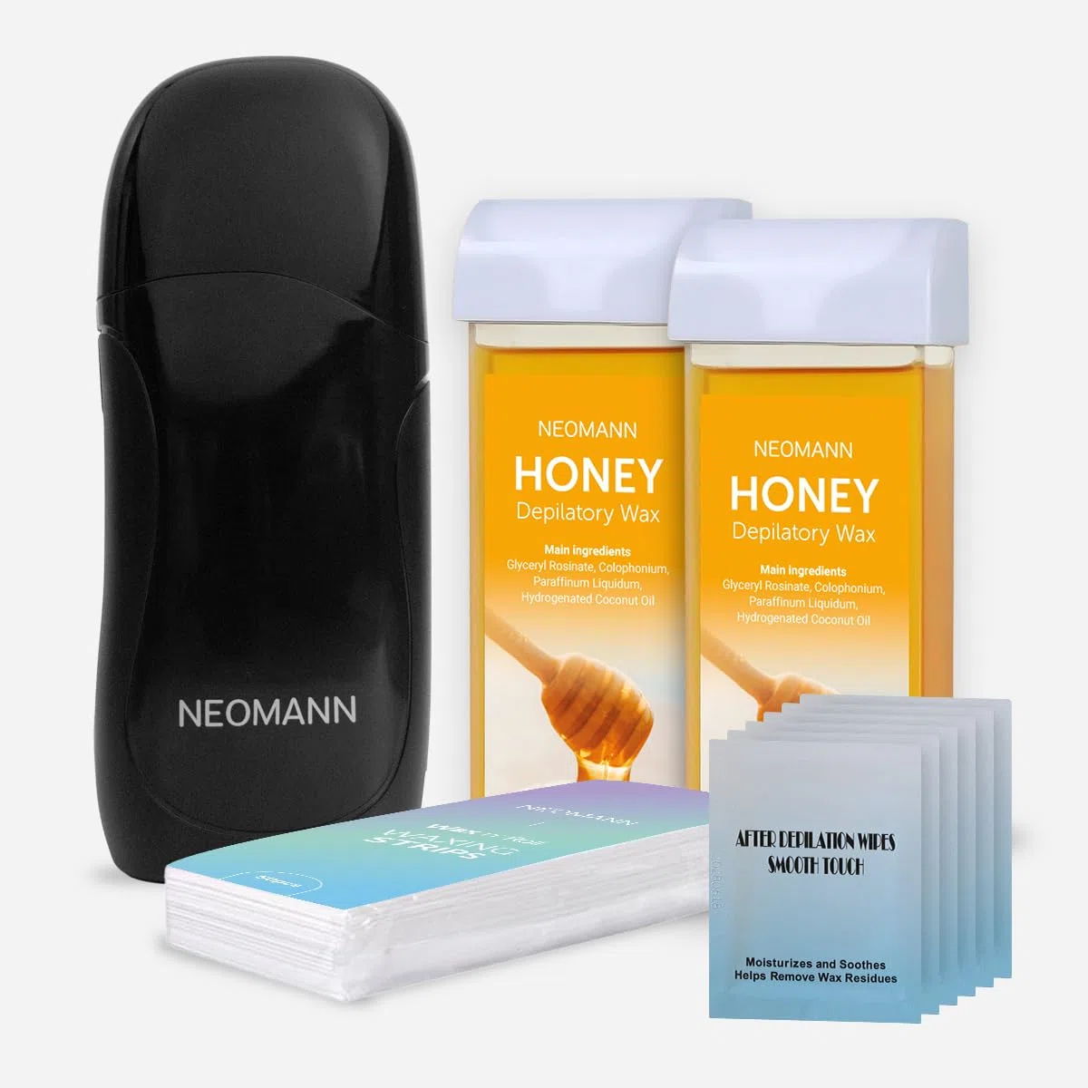 Wax-n'Roll - Set di depilazione Honey | scaldabagno Roll-On con 2 cartucce a forma di miele, 50 strisce di cera e 6 panni per la cura (nero) – qualità salone per la casa