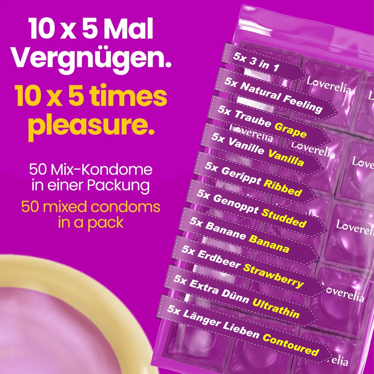 Preservativi Loverelia "Mix" - 100 pezzi (2x50 pezzi) - realizzati con 10 diversi tipi di preservativi - vegani - per più varietà nella tua vita amorosa