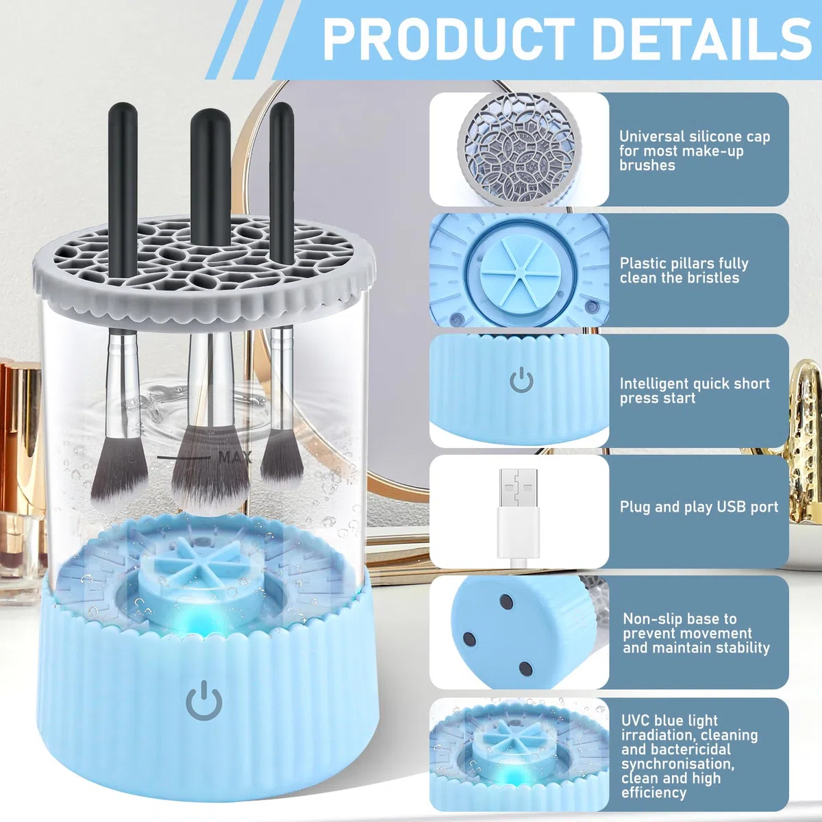 Pulito Elettrico Trucco Pennello Blu Portatile USB Cleaner Macchina con Cuscinetto di Gomma Adatto per Tutti I Pennelli Di Trucco Dimensione