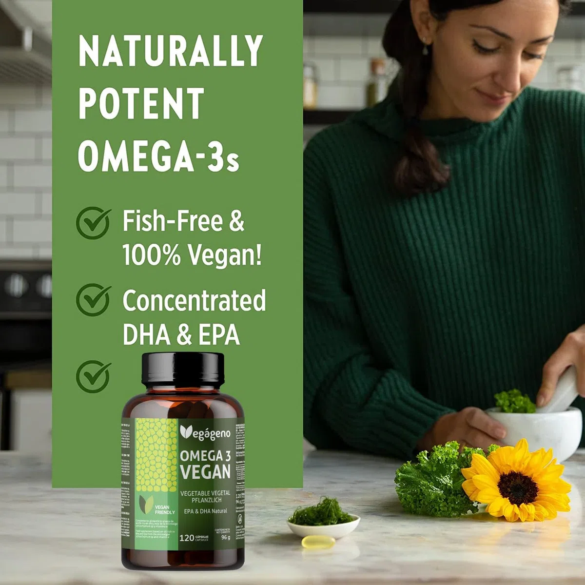 VEGAGENO Omega 3 Vegan – Olio di alghe 2000 mg di origine vegetale con 600 mg di DHA e 300 mg di EPA per dose giornaliera – 120 capsule – Senza glutine – Non OGM – In forma di Trigliceride