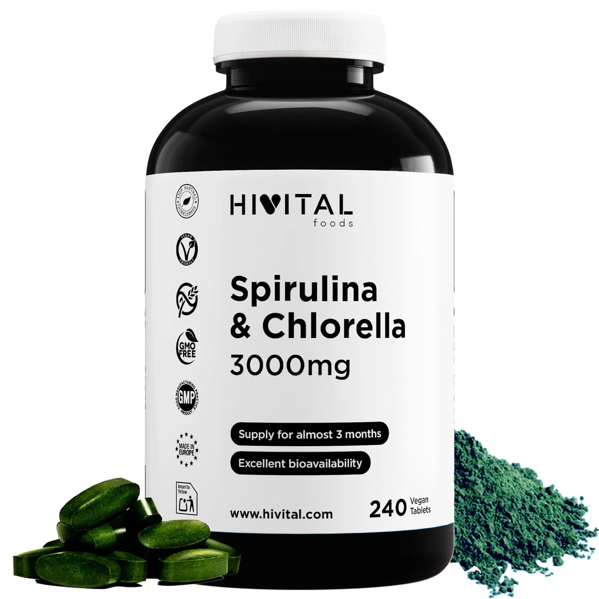 Spirulina e Clorella 3000 mg. 240 compresse vegane per quasi 3 mesi di trattamento. Proteine Naturali delle alghe Spirulina e Clorella. Prodotto in Europa da HIVITAL