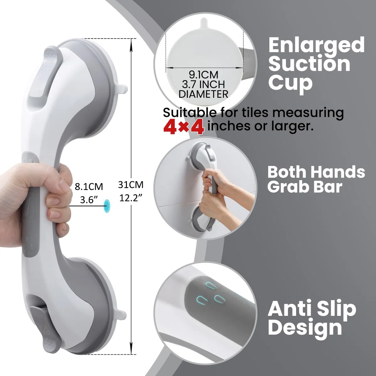 TAILI Maniglia Doccia Anziani, MAX 110 KG Maniglione Bagno Disabili, 31 CM Maniglie a Ventosa, Rimovibile Maniglie Doccia per Anziani, Nessuna foratura Handy Grasp Pro, Ausili e Sicurezza - Grigio
