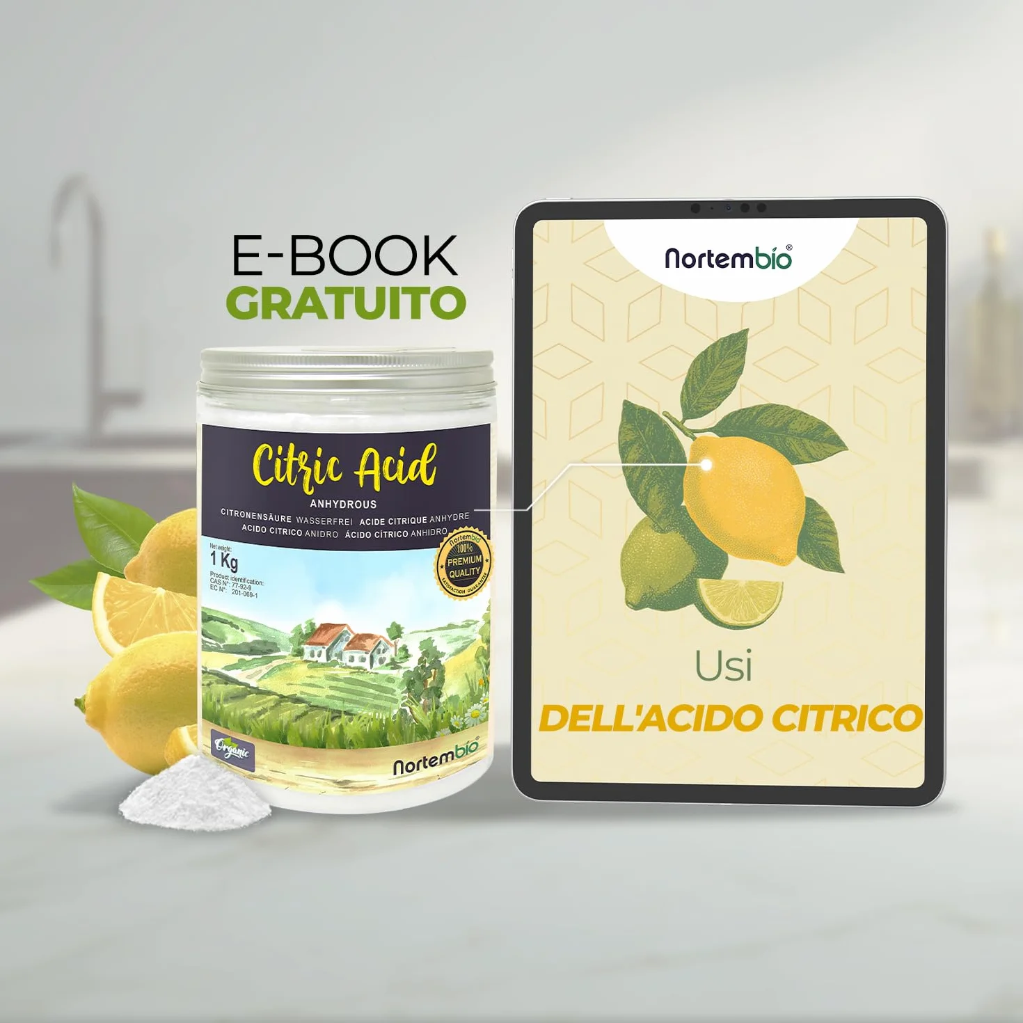 Nortembio Acido Citrico Acido Citrico Anidro Concentrato 100 % Puro Certificato – Pulizia Domestica Multiuso – Senza OGM + eBook Incluso (1 kg)