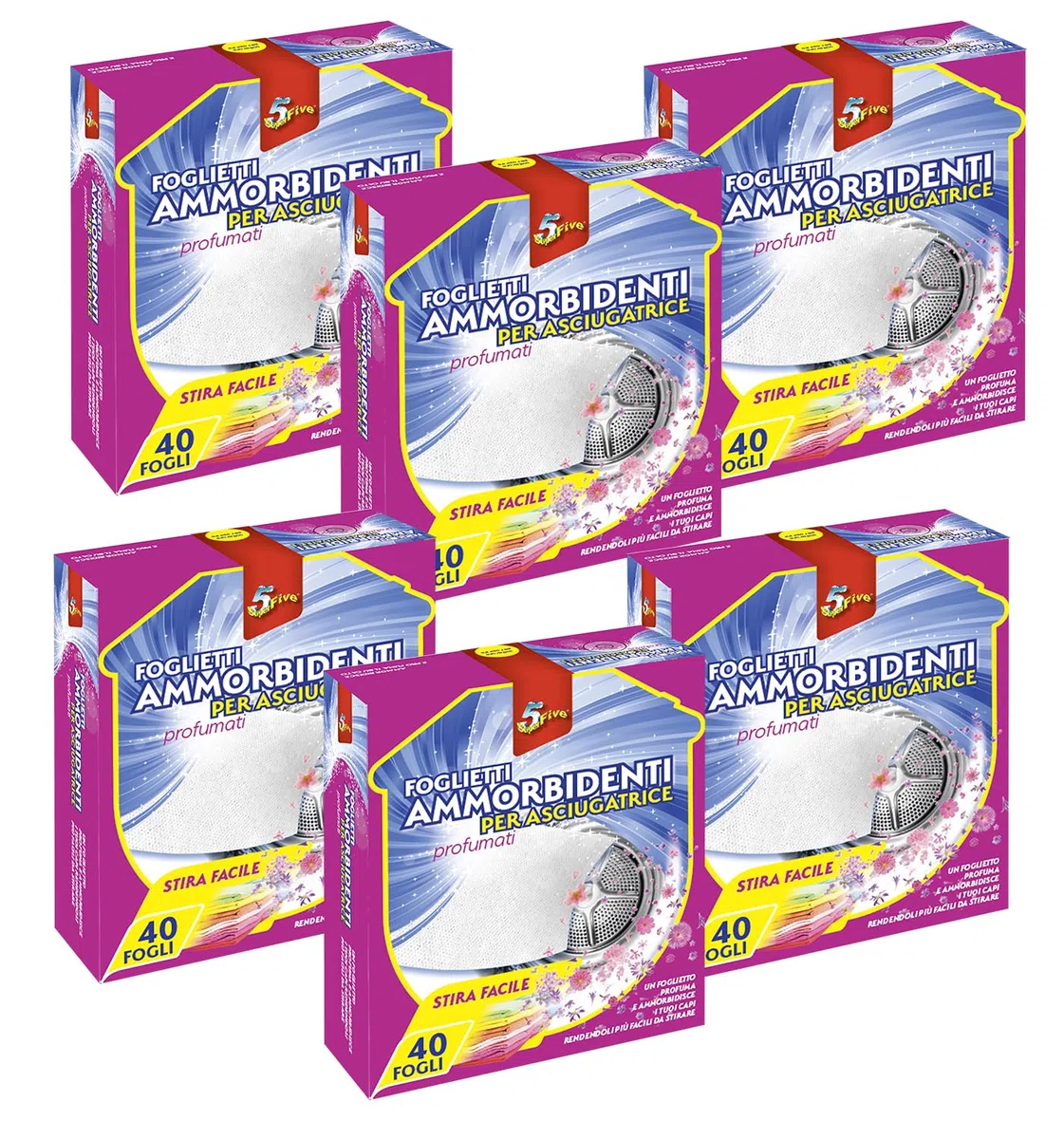 SUPERFIVE, Foglietti Ammorbidenti per Asciugatrice, Profumati e Antistatici, Capi Morbidi, Stiratura Facile (40 pezzi x 6 pack)
