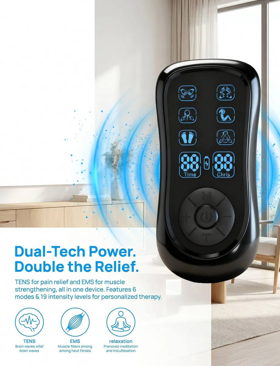 Apparecchio di massaggio elettrico TENS/EMS doppio canale, elettrostimolatore antidolore con 8 elettrodi riutilizzabili, 2 utenti, stimolazione muscolare e rilassamento del corpo