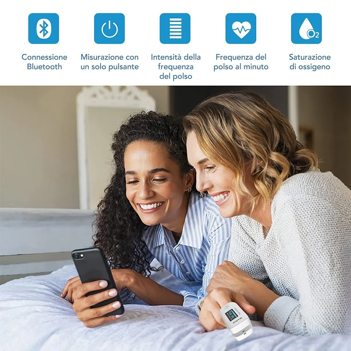 Pulsossimetro Bluetooth, Ossimetri Monitor della Saturazione di Ossigeno, Monitor della Saturazione di Ossigeno per Dito, per Livello Sp02 e Frequenza Cardiaca, Portatile con APP, Bianco