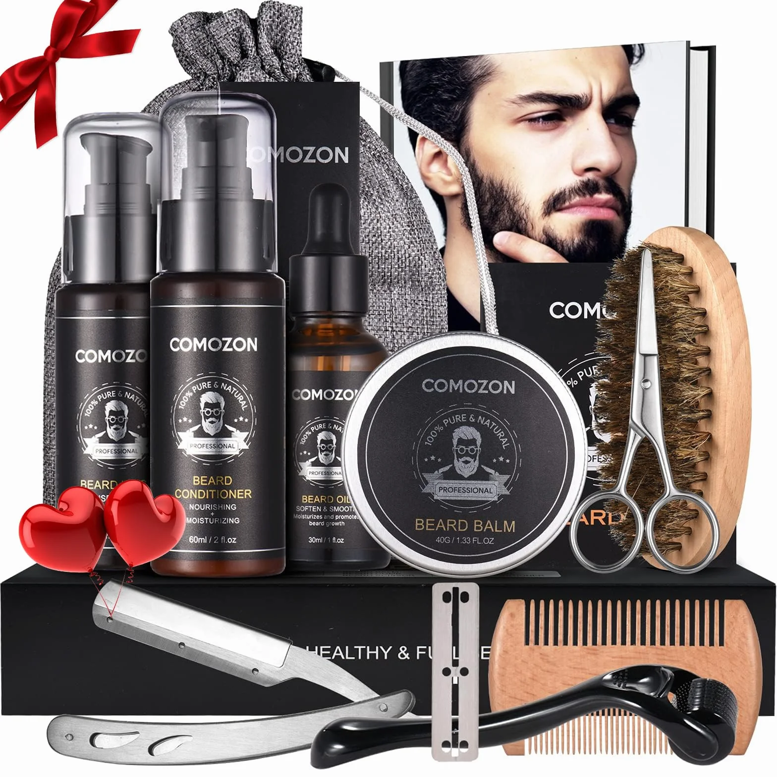 Kit post trattamento rimozione,Kit Cura Barba Uomo,Comozon 12 in 1 Kit Barba Uomo Professionale Prodotti Barba Uomo Con Rullo per Barba,Olio per Barba,Shampoo per Barba,Balsamo per Barba,Pettine