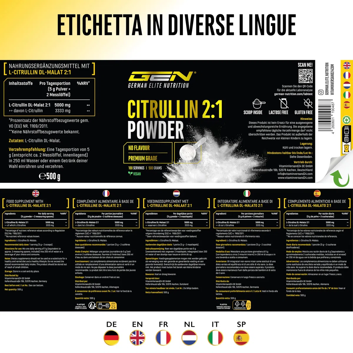 L-citrullina DL-malato 2:1 – polvere 500 g – Da fermentazione vegetale – Amminoacido ad alta purezza, vegano – Solubilità ottimale e senza additivi