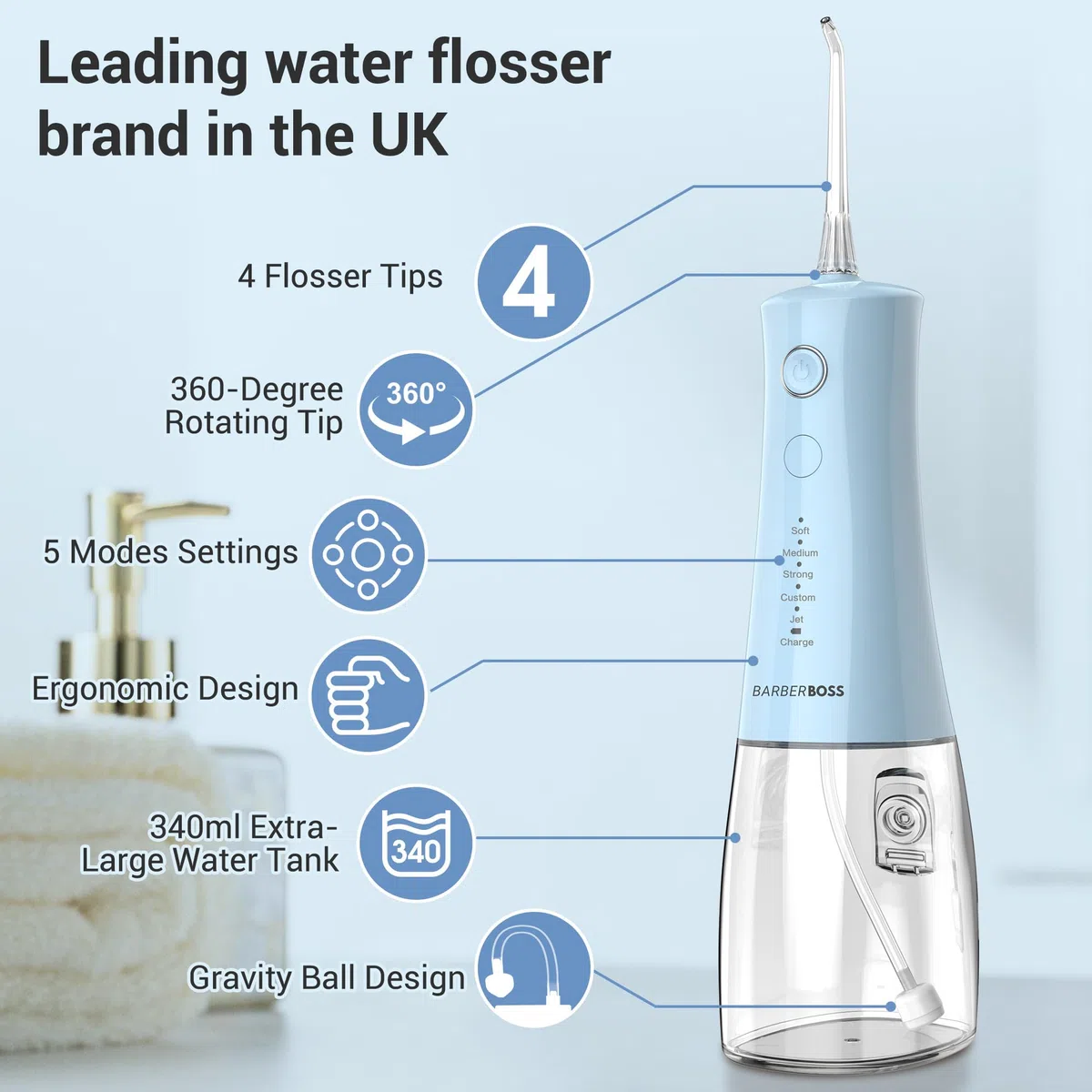 BarberBoss idropulsore dentale, irrigatore orale elettrico senza fili, 5 modalità di pressione, serbatoio da 340 ml, impermeabile IPX8, dispositivo portatile per la cura delle gengive (Blu Pastello)