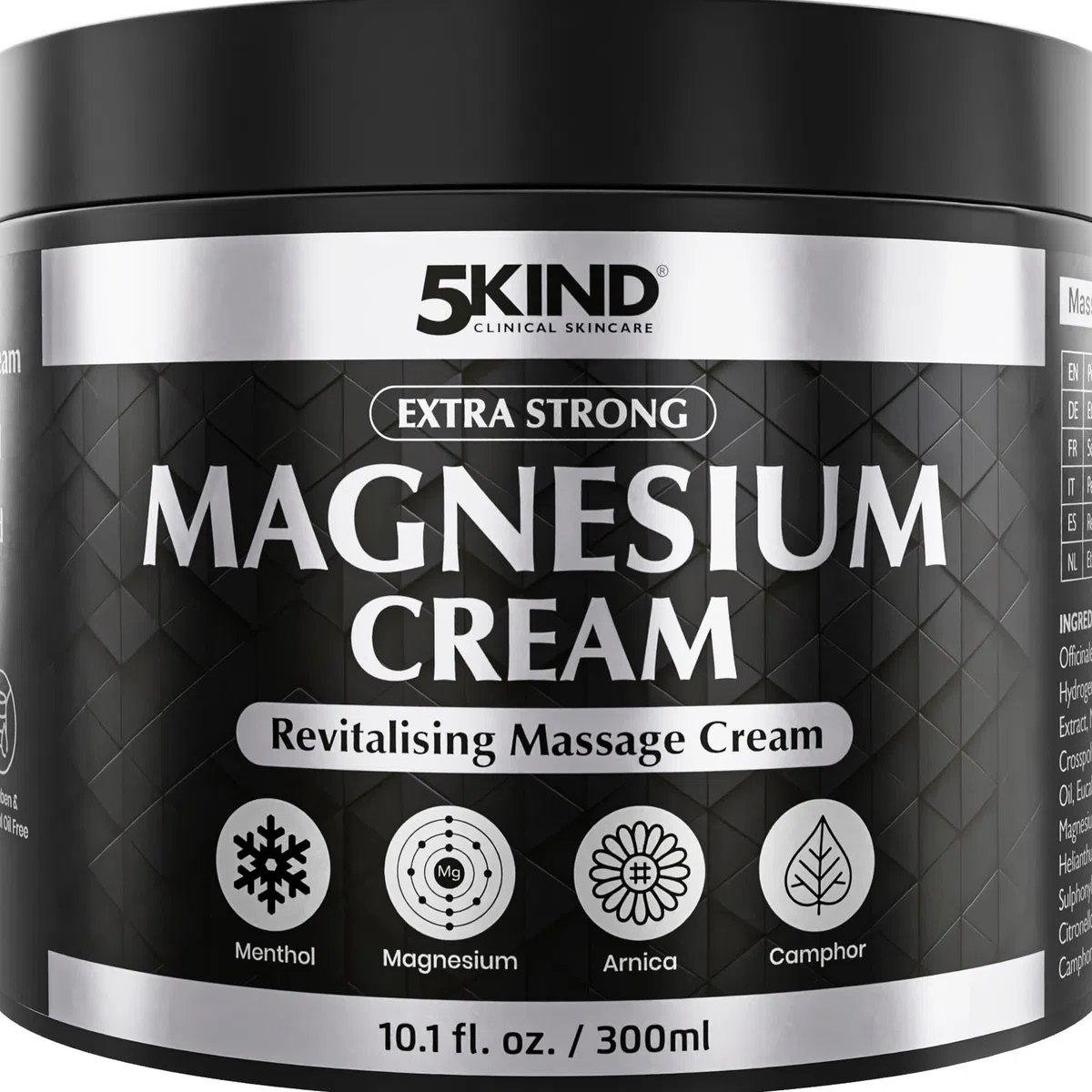 5Kind Crema al Magnesio Extra Forte 300ml - Crema al Magnesio per Muscoli, Articolazioni, Schiena, Ginocchia, Collo, Spalle - Arricchita con Arnica, Eucalipto, Consolida, Mentolo e Olio di Canapa