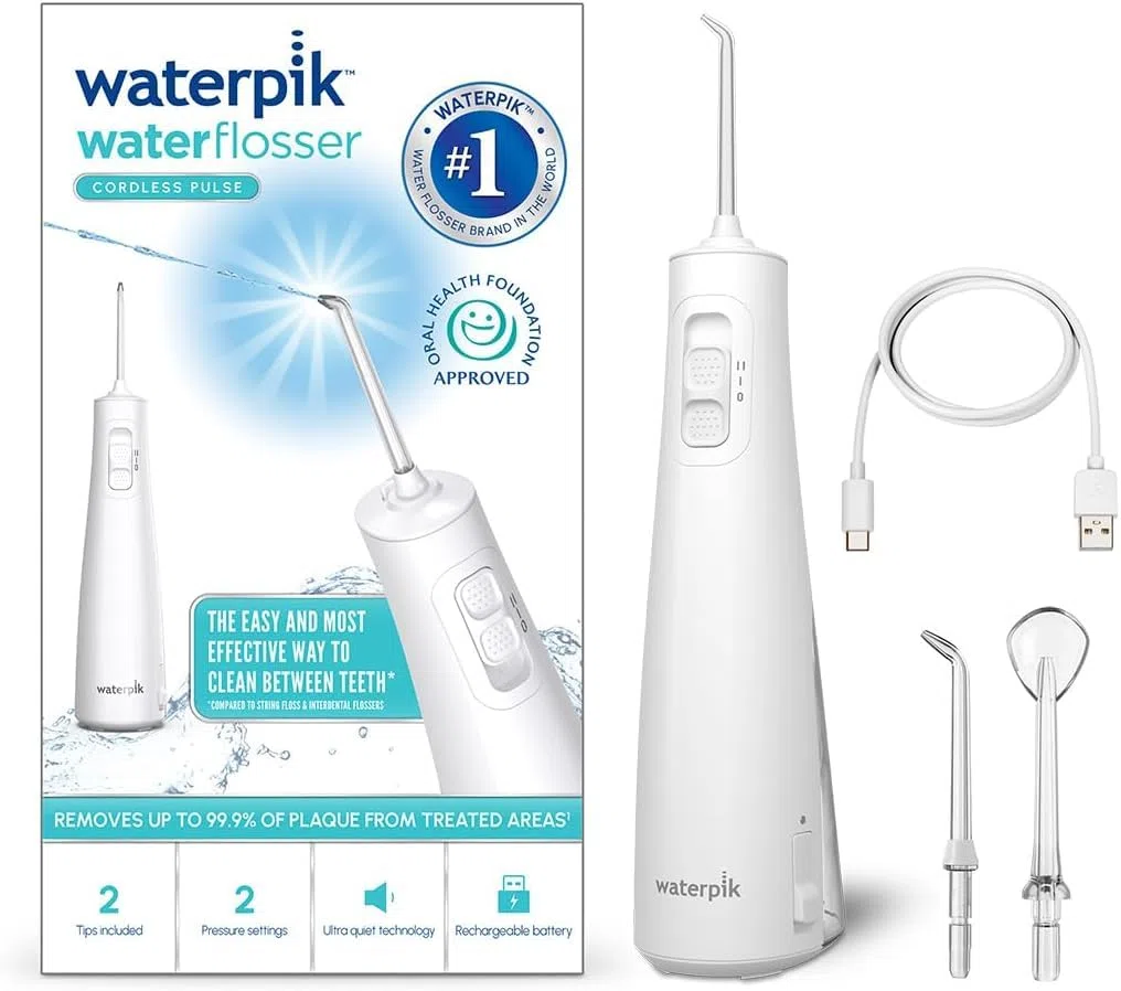 Idropulsore cordless Waterpik Pulse, approvato dalla Oral Health Foundation, idropulsore antiplacca per denti, 2 impostazioni di pressione, 45 secondi di pulizia interdentale, 2 punte incluse