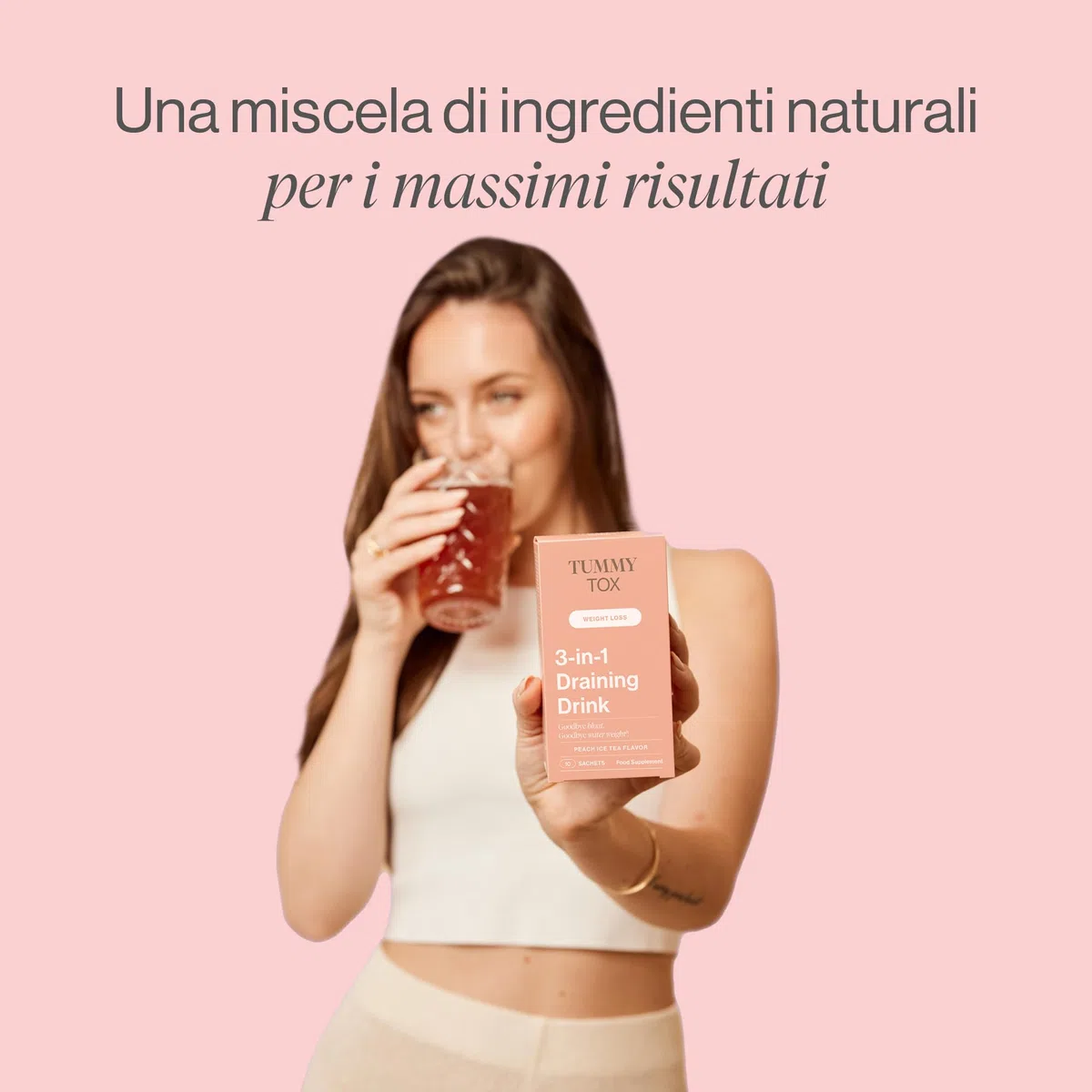 3-in-1 Draining Drink con Radice di Dente Di Leone, Ortica, Carciofo, Magnesio, Ibisco, Ingredienti Naturali - Bevanda al sapore di pesca, 30 bustine, Tummy Tox