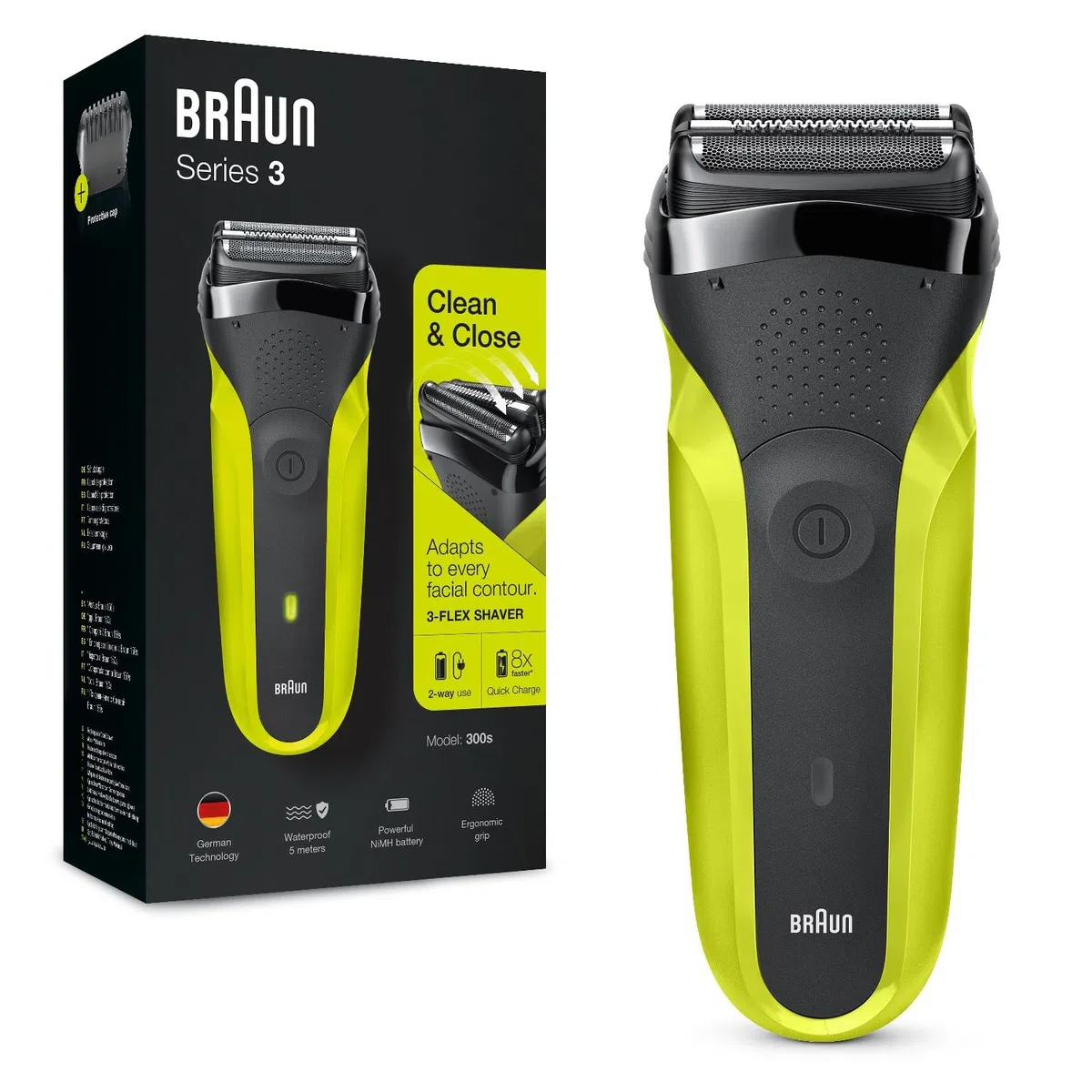 Braun Serie 3 300 Rasoio Elettrico Barba, Wet&Dry, Regolabarba Uomo, Rasoio Barba, 3 Lame Flessibili, Regolabarba Braun, Ricaricabile e Senza Fili, Nero/verde Elettrico