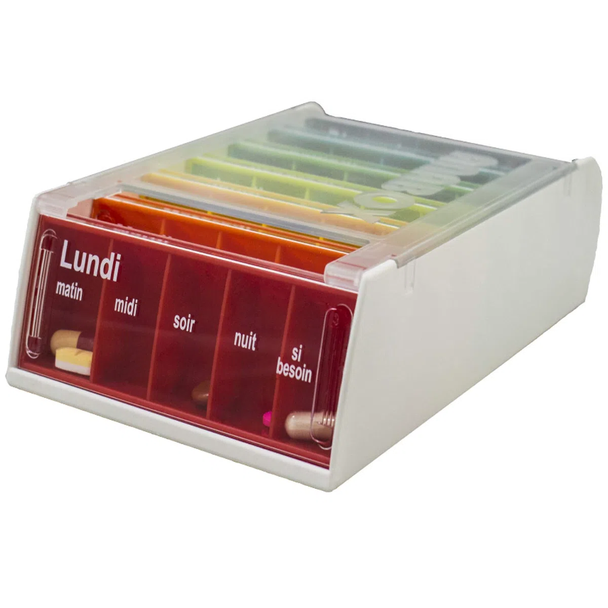Anabox Portapillole Settimanale Arcobaleno – Portapillole 7 Giorni (Lunedì a Domenica) con 5 Scomparti al Giorno (Mattina, Mezzogiorno, Sera, Notte, Necessità) – Grande Capacità, Senza BPA, Fabbricato