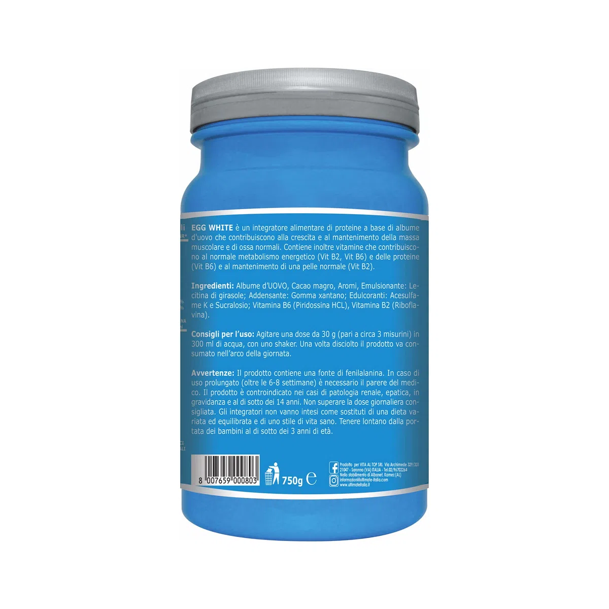 Ultimate Italia Egg White – Proteine di Albume dell'Uovo - Integratore Alimentare di Proteine a Base di Albume d'Uovo – con Vitamine B2 e B6 – Nutre la Massa Magra - Gusto Cacao, 750 Grammi