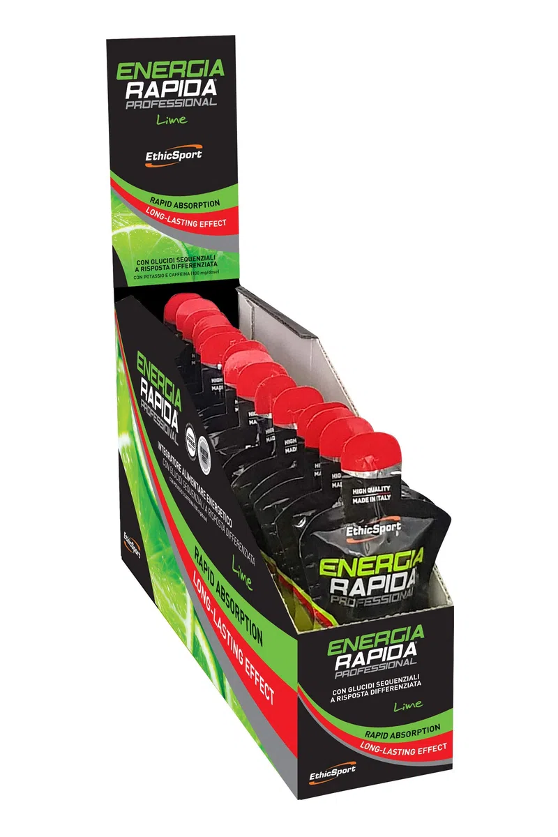 EthicSport Energia Rapida Professional – Integratore energetico liquido con carboidrati sequenziali e caffeina – Energia pronta e duratura per attività di resistenza – 15 pack da 50 ml - Gusto Lime
