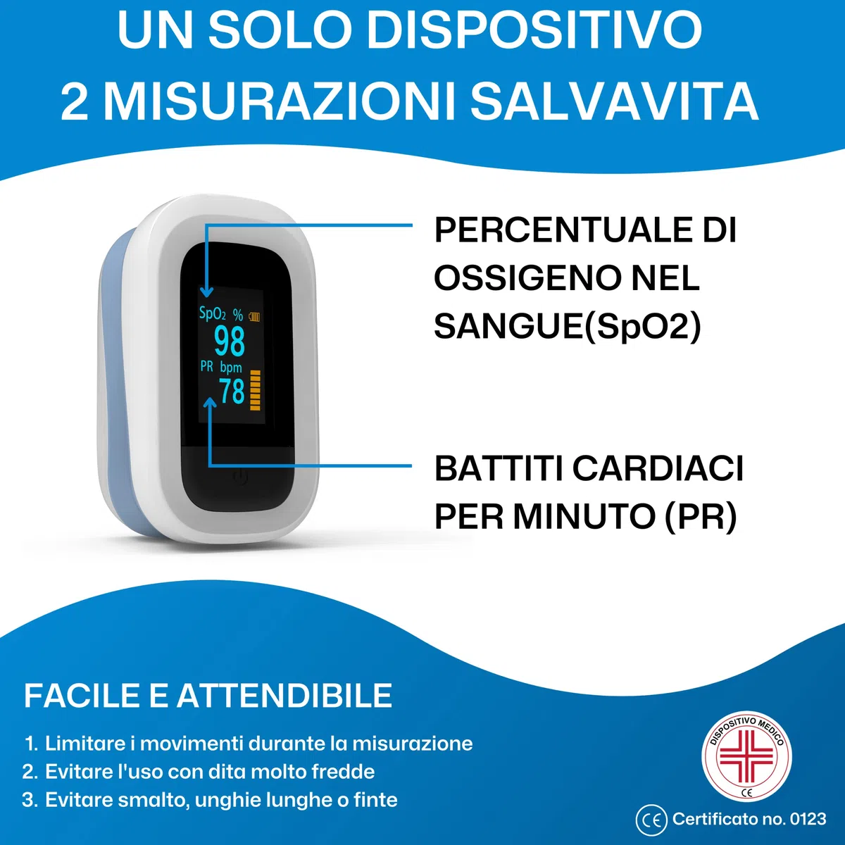 Saturimetro da Dito Professionale Certificato, Pulsossimetro da Dito Portatile, Completamente regolabile, Display OLED a 2 Colori, Misurazione SPO2 e Frequenza cardiaca, per Uso Domestico e Sportivo
