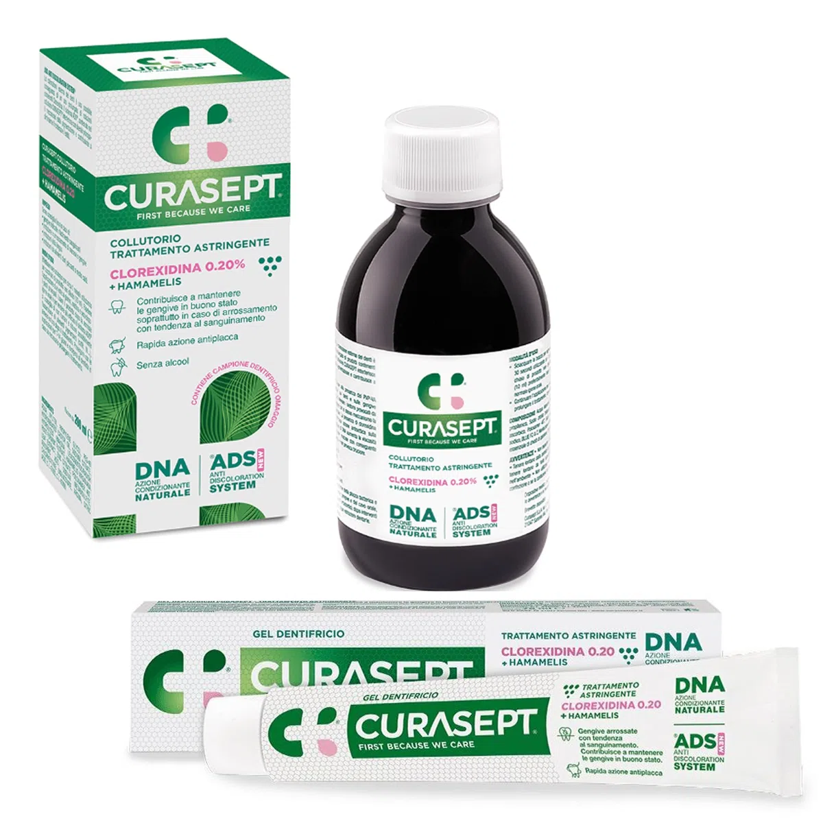 Curasept Kit Igiene Orale Astringente 0,20% Clorexidina - Collutorio 200 ml + Gel Dentifricio 75 ml - ADS Antiplacca, Senza Alcol