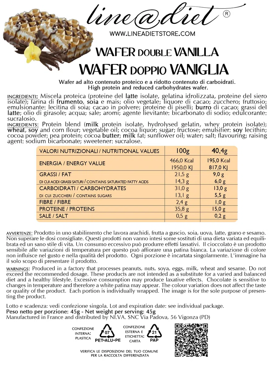 WAFER IPERPROTEICI Line@Diet FASE 1 | Wafer ad alto contenuto di PROTEINE | ottimi come snack DOLCE (10 VANIGLIA Linea doppi)