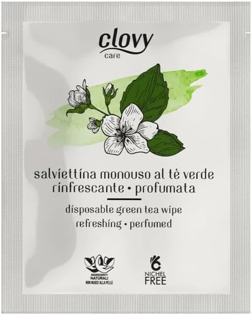 Clovy Care 200 Salviette monouso rinfrescanti e profumate al Tè Verde dimensione 23,5x16 imbevute con soluzione a base di ingredienti naturali nichel free.