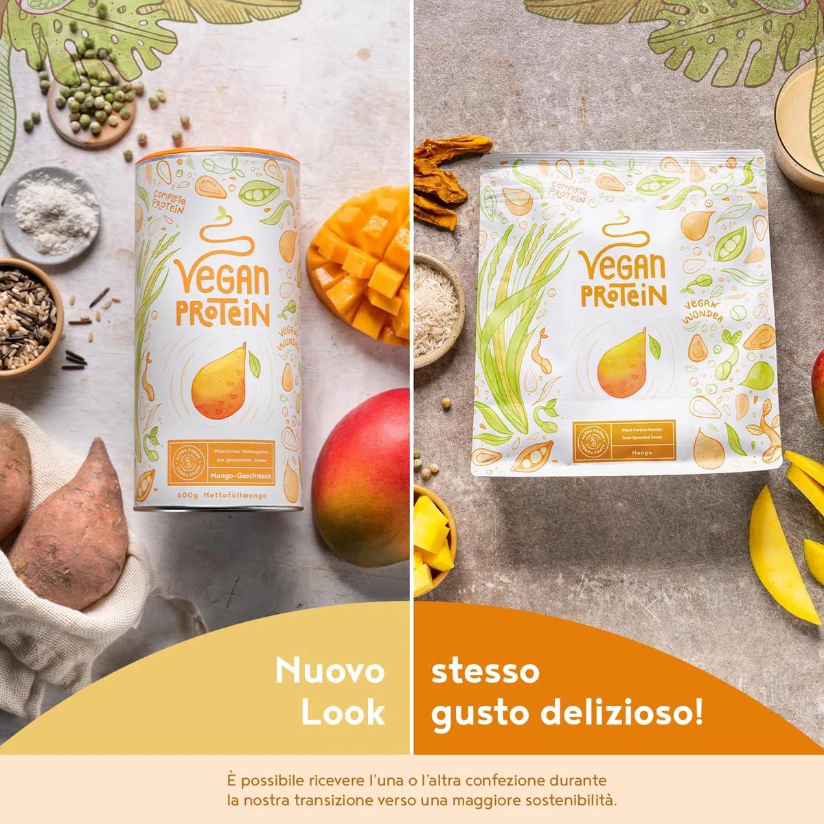 Proteine in Polvere Vegane | Gusto Mango | 21g Proteine Vegetali Isolate in Polvere di Pisello e Riso | Massa Muscolare | 600g Vegan Protein Powder | Alpha Foods