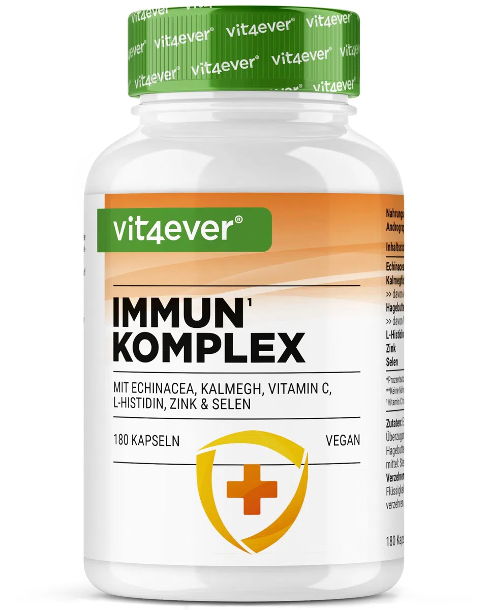 Sistema Immunitario Complex alto dosaggio - 180 Capsule per 90 giorni - 500 mg di Echinacea, Kalmegh, Rosa Canina, Vitamina C, L-Istidina, Zinco e Selenio - Vegano, senza additivi inutili