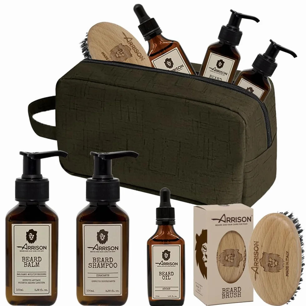 ☆ARRISON® BEARD☆ kit Barba Uomo Completo Made In Italy + Beauty - Questo Set barba Contiene Shampoo, Balsamo, Olio Barba e Spazzola in Legno di Faggio e Setole in Cinghiale Rinforzato