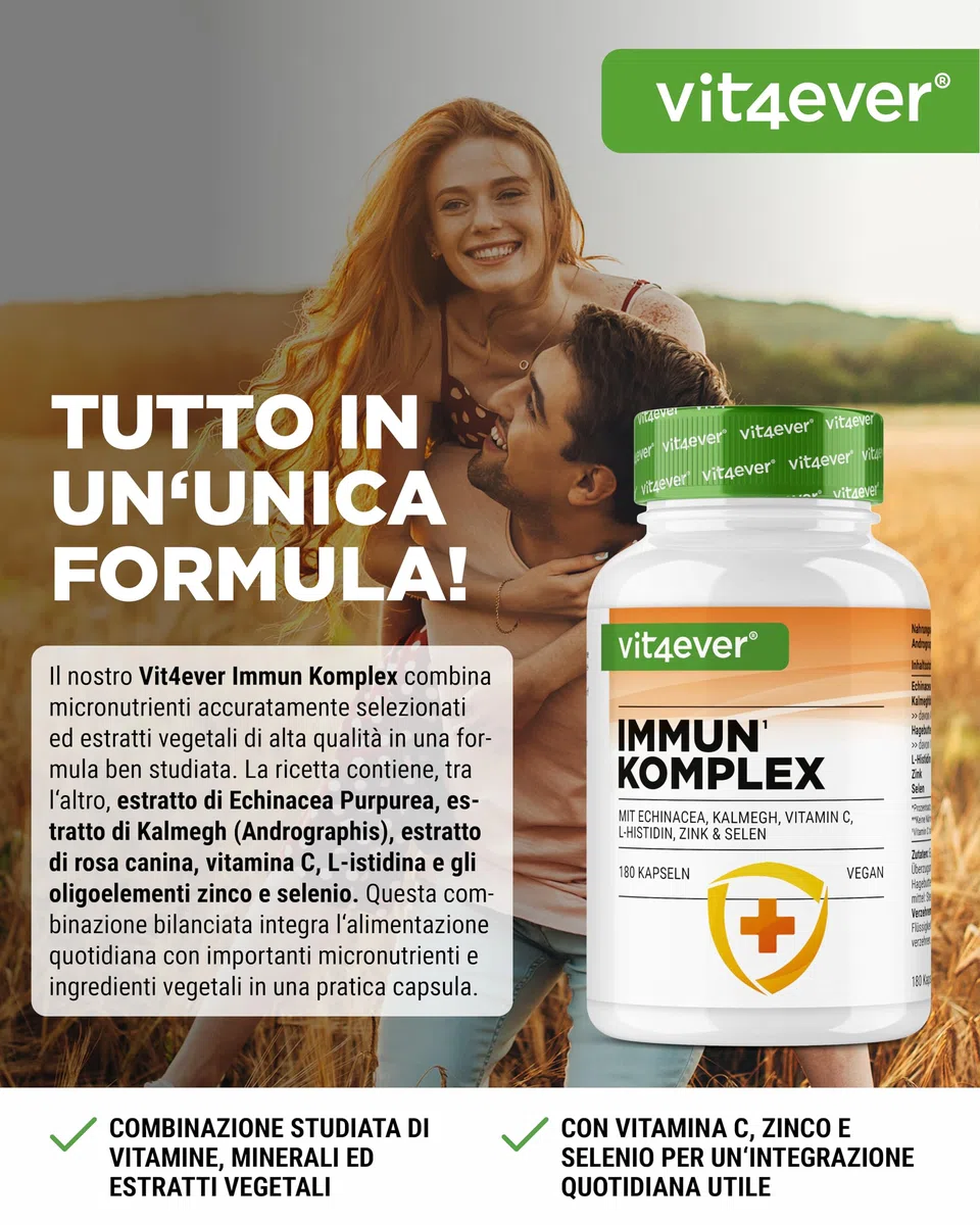 Sistema Immunitario Complex alto dosaggio - 180 Capsule per 90 giorni - 500 mg di Echinacea, Kalmegh, Rosa Canina, Vitamina C, L-Istidina, Zinco e Selenio - Vegano, senza additivi inutili