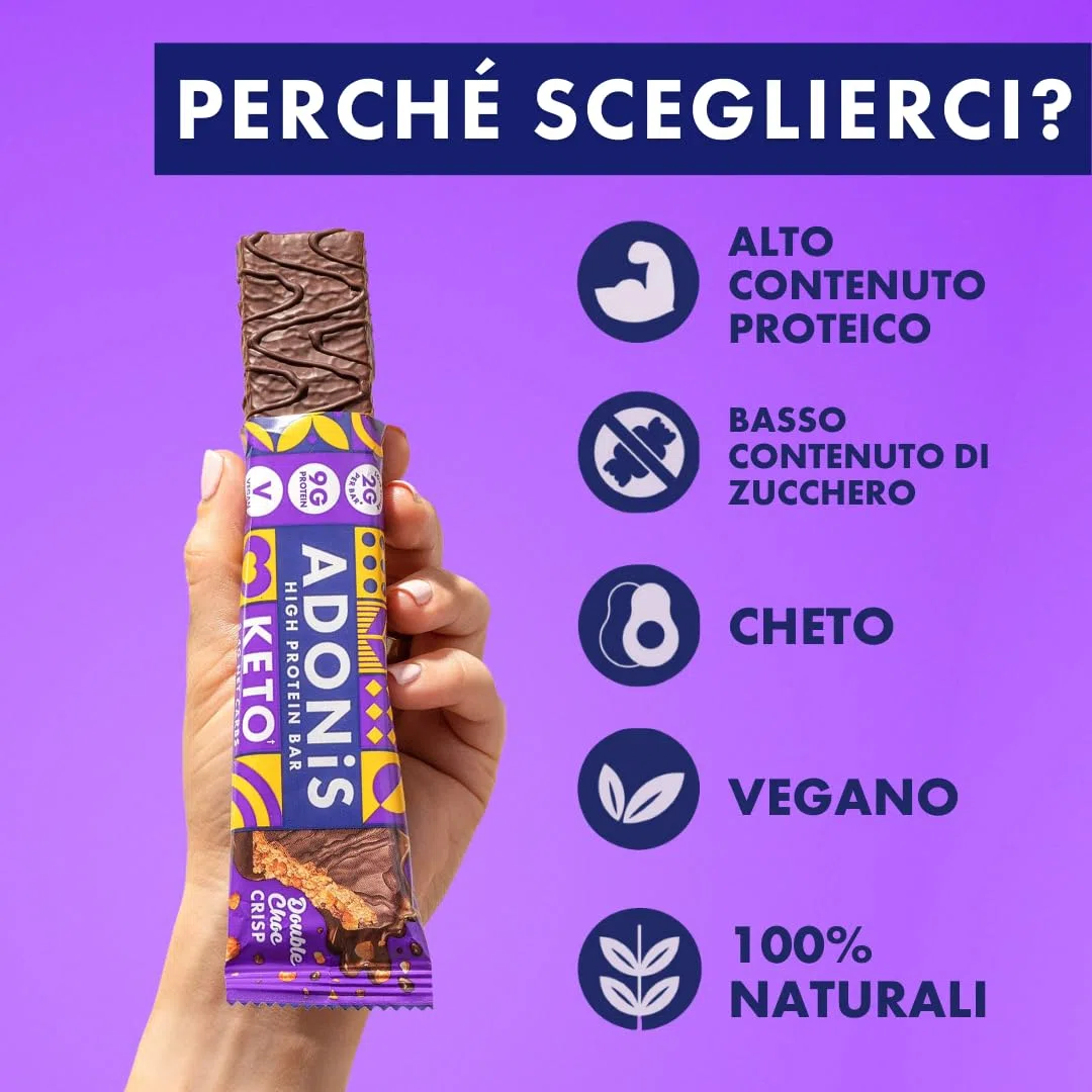 Barrette Keto Adonis Caramello e Arachidi – 16 x 45g | Barrette proteiche a basso contenuto di carboidrati | 9g di proteine, 2g di zucchero (Doppio Cioccolato Croccante)