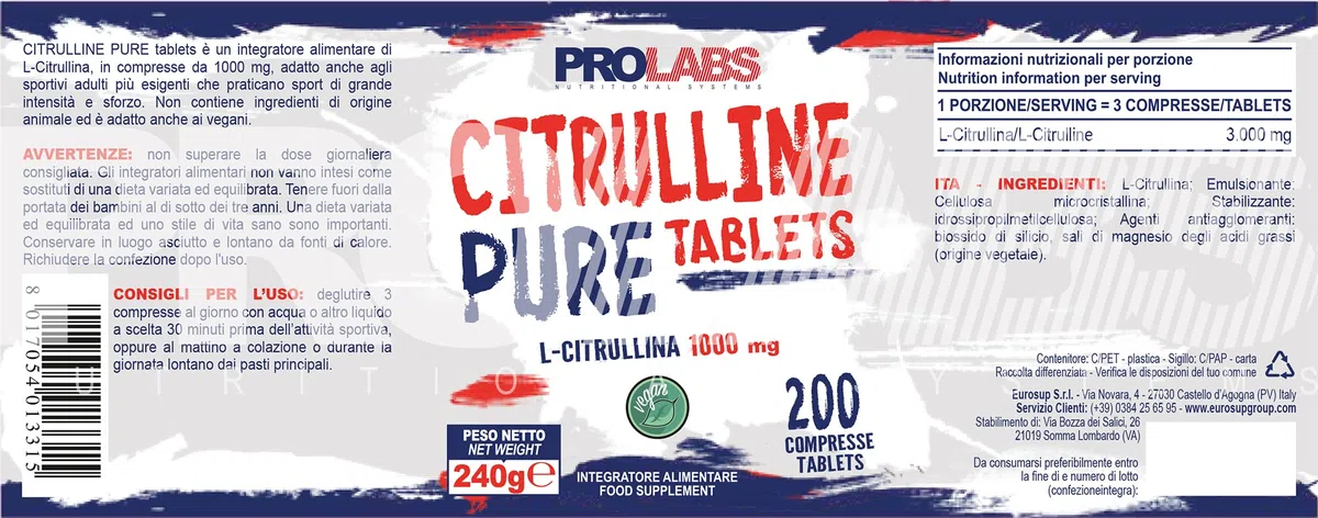Citrulline Pure 1000 Mg 200 compresse + Prozis H2O Omaggio - Citrullina in compresse