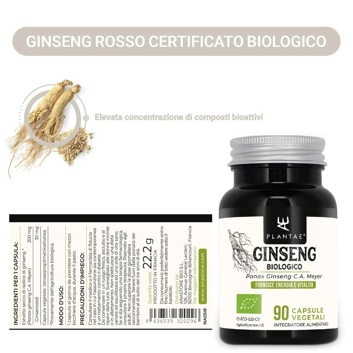GINSENG BIO * 200 mg / 90 capsule * Titolato al 15% di ginsenosidi totali * Cardiovascolare, Energia, Equilibrio emozionale, Vitalità