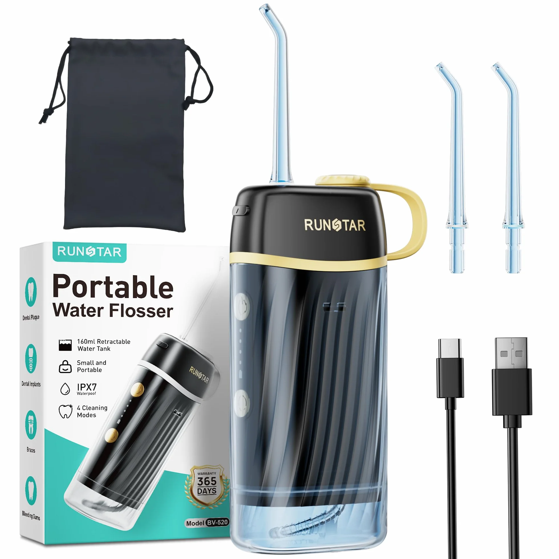 Runstar Dentale Portatile Denti, serbatoio portatile da 160 ml, quattro modalità (DIY/standard/pulso/morbido) - rimuove il 99% della placca dentale, adatto per chi porta l'apparecchio e per i viaggi.