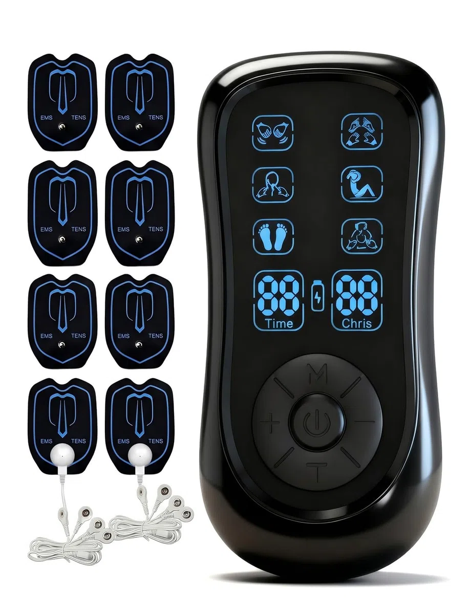 Apparecchio di massaggio elettrico TENS/EMS doppio canale, elettrostimolatore antidolore con 8 elettrodi riutilizzabili, 2 utenti, stimolazione muscolare e rilassamento del corpo