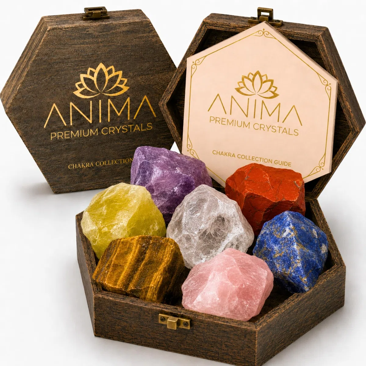 Anima Set di Cristalli 7 Chakra Premium – Ametista Grezza, Quarzo Rosa, Citrino, Lapislazzuli, Quarzo Ialino, Occhio di Tigre e Diaspro Rosso – Scatola in Legno & Guida