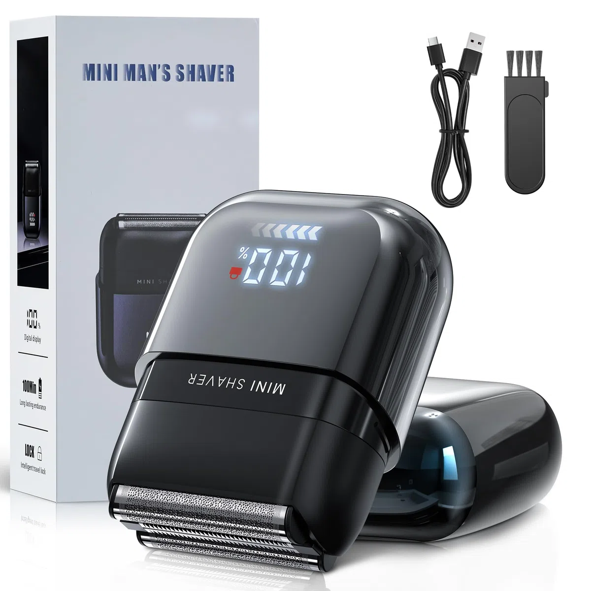 Mini Rasoio Elettrico Barba con Display LED, Rasoio Elettrico Uomo Impermeabile IPX7, Portatile Silenzioso e Lavabile