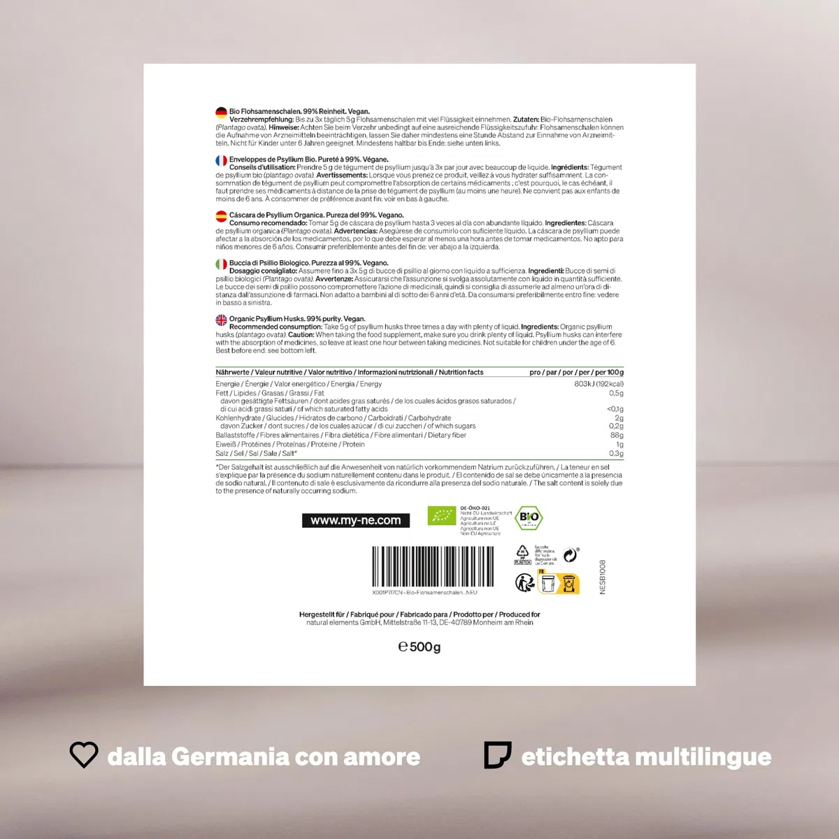 Psillio Polvere, Bucce di Psillio Biologico, Purezza 99%, Sacchetto 500 g, Certificazione biologica, Vegano, Basso Contenuto di Carboidrati, Ricco di Fibre, senza Glutine, senza Additivi Inutili