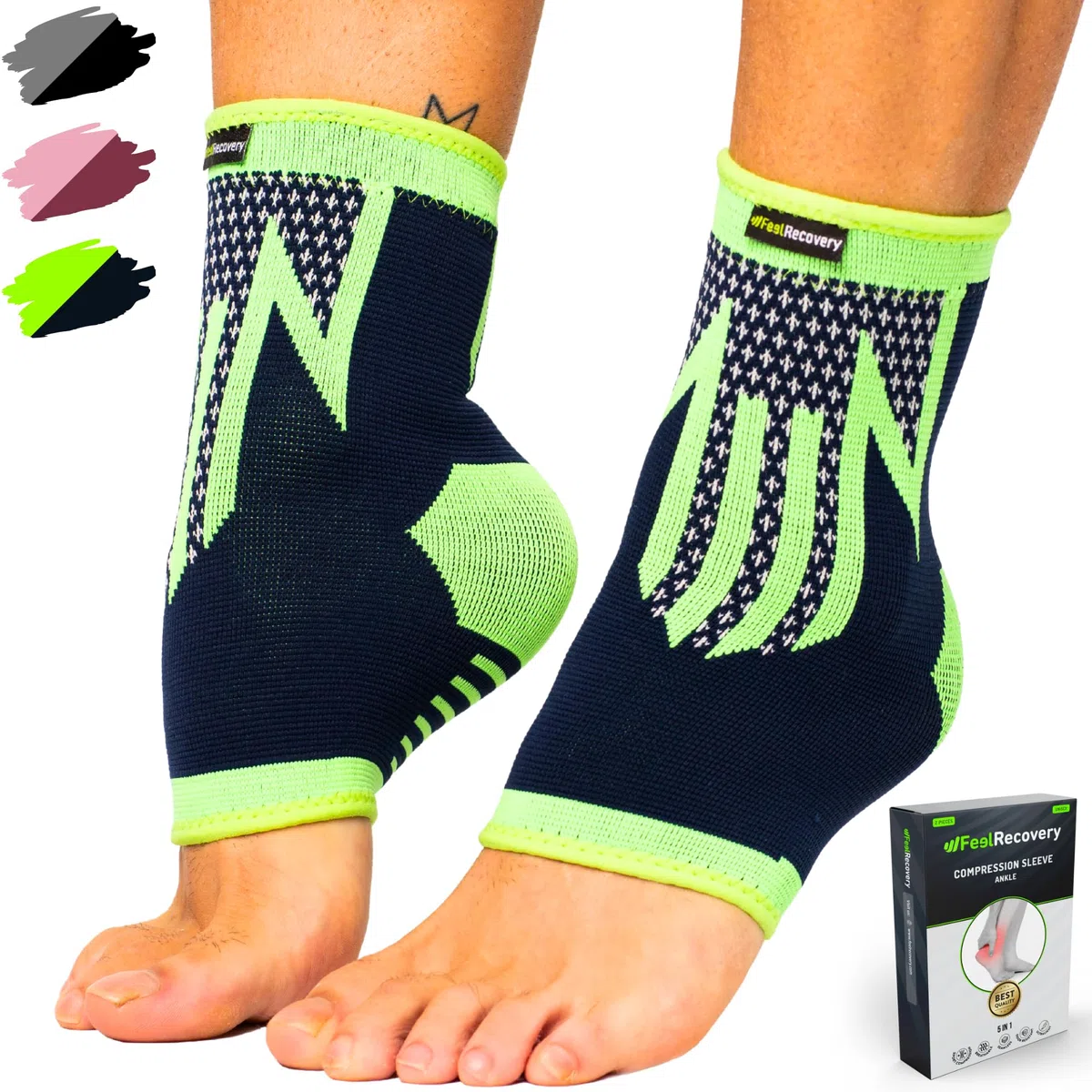 Feel Recovery 2 Tutore Caviglia per Uomo e Donne - Cavigliere Elastiche a Compressione - Fascia Sportive per Distorsioni, Running, Calcio e Sport - Traspiranti e Antiscivolo (L, Verde)