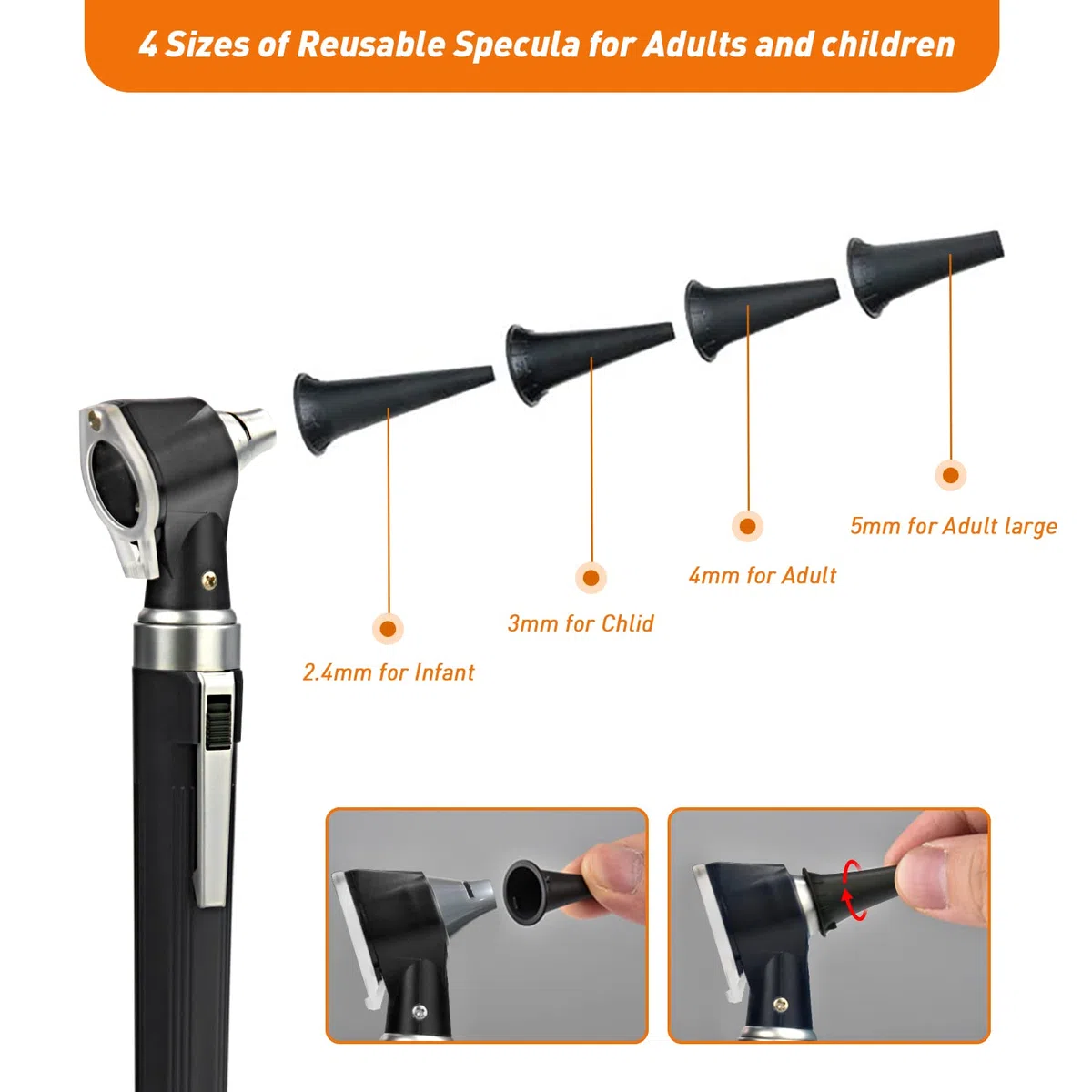 Scian Otoscopio con luce, Leggero Tasca Orecchio diagnostica strumento Kit con lente di ingrandimento 3X e 8 punte dello speculo per bambini, anziani, cani, uso domestico (nero)